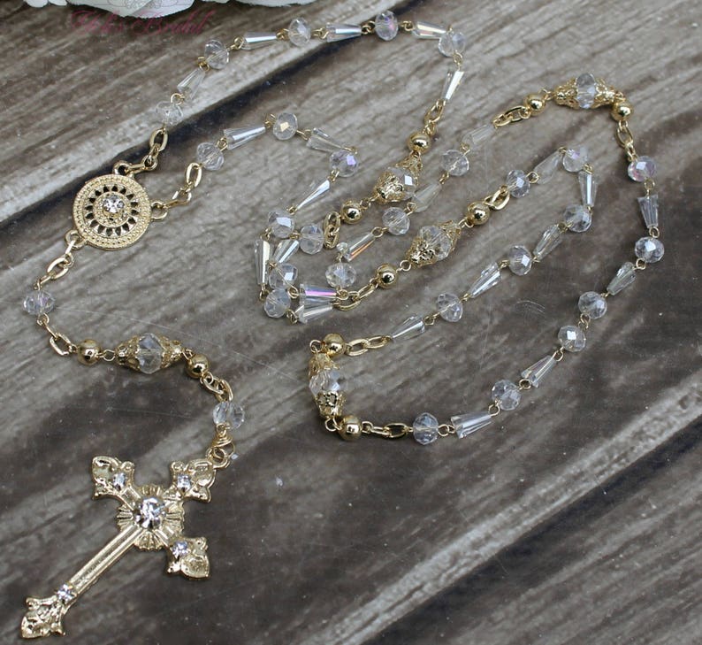 FAST SHIPPING Handcrafted Beautiful Crystal Rosary with Aurora Boreal Beads, Communion Rosary, Confirmation Rosary, Christening Rosary image 4