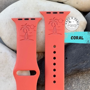 Palm TreeS SunSet  Silicone Laser Engraved Watch Band, Beach Life Watch Strap Compatible Series 1-9 SE, Sizes 38-49 MM