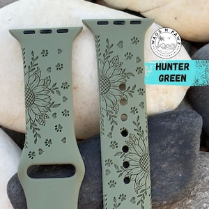 Sunflower Silicone Engraved Watch Strap With Paws & Hearts, Floral Watch Band Compatible Series 1-9 SE, Sizes 38-49 MM