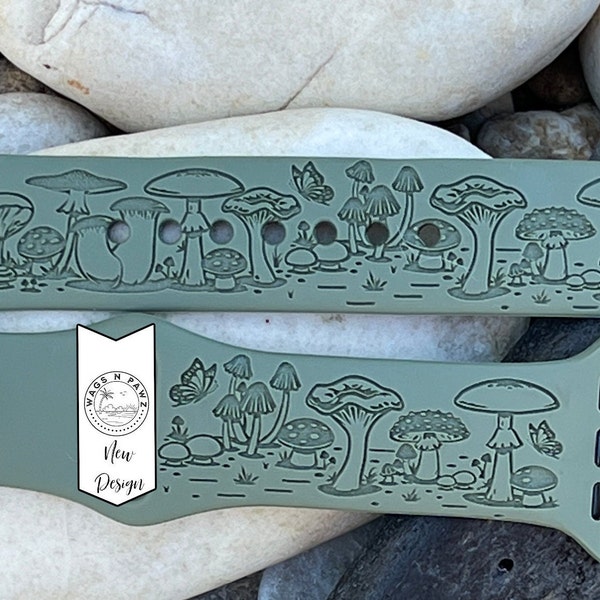 Boho MuShroom Watch Band, Cottagecore AeSthetic Mushrooms, Laser Engraved Silicone, Compatible Series 1-9 SE Sizes 38-49 MM