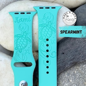 Sea Turtle Laser Engraved Silicone Watch Band, Personalized Watch Strap, Compatible Series 1-9 SE, Sizes 38-49 MM