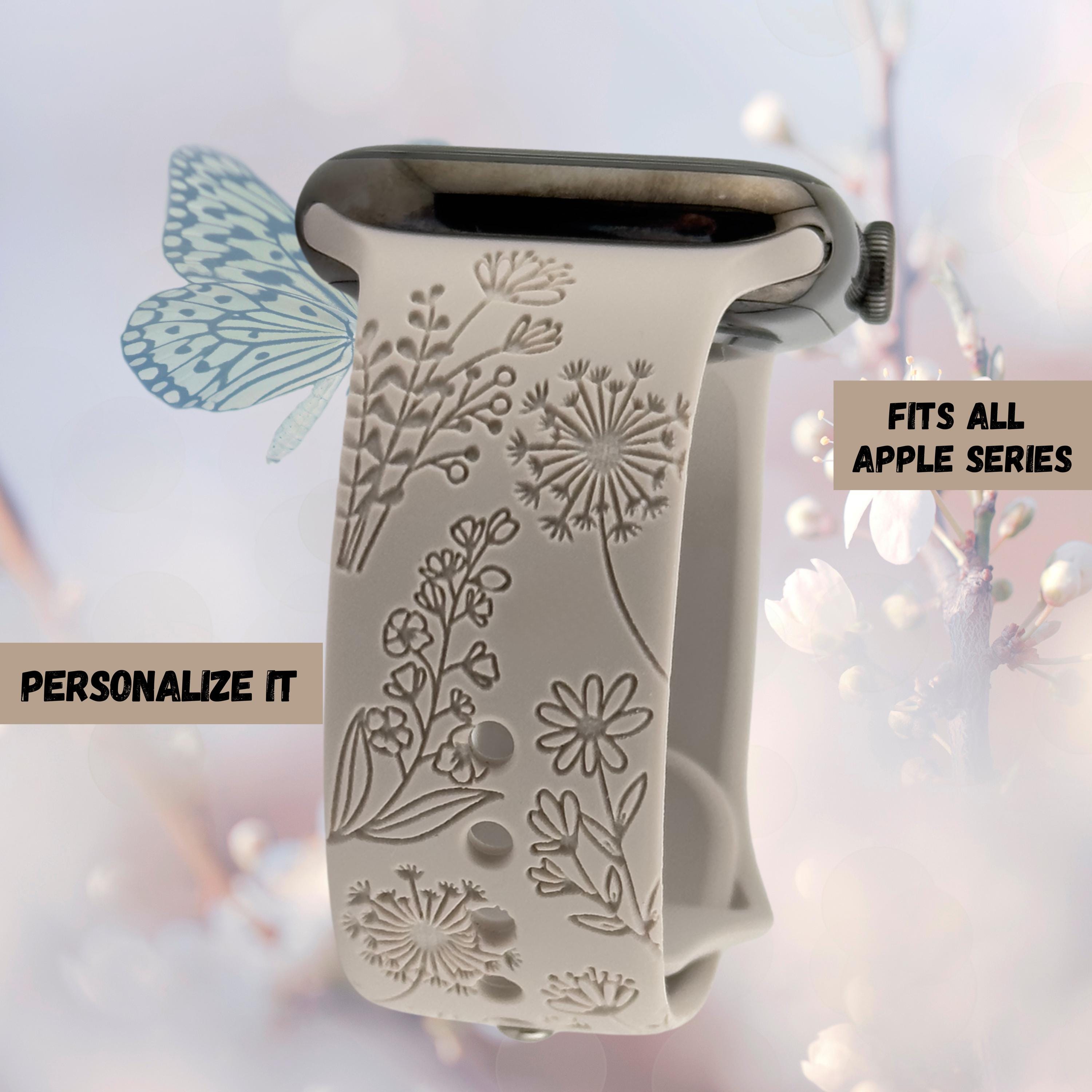 NEW White Engraved Butterfly Apple Watch Band Flower Butterfly Silicone Apple Watch Band - Gray - 38|40  main image 2