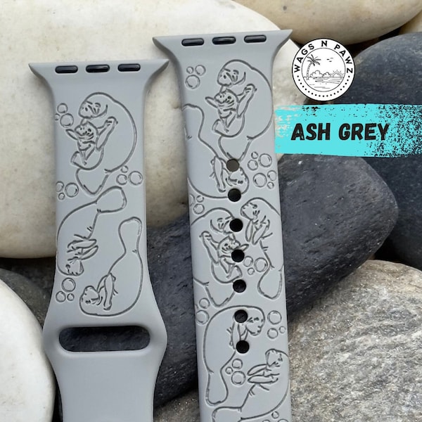 Manatee Watch Band, Florida Sea Cow, Chubby Mermaid, Laser Engraved Silicone, Compatible Series 1-9 & Sizes 38-49 MM