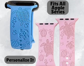 Personalized Sea Turtle Watch Band Engraved Silicone Strap Compatible with Apple Laser Engraved Turtle Gift for Nature Lover Watch Strap