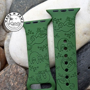 Sloth Laser Engraved Silicone Watch Band, Hanging Sloth Floral Watch Strap Compatible Series 1-9 SE, Sizes 38-49 MM, Sizes 38-49 MM