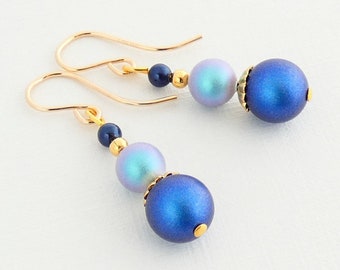 Blue Pearl Earrings for Women, Swarovski Simulated Pearls, 14K Gold Filled Earwires, 12th, 30th anniversary, Pearl Anniversary,