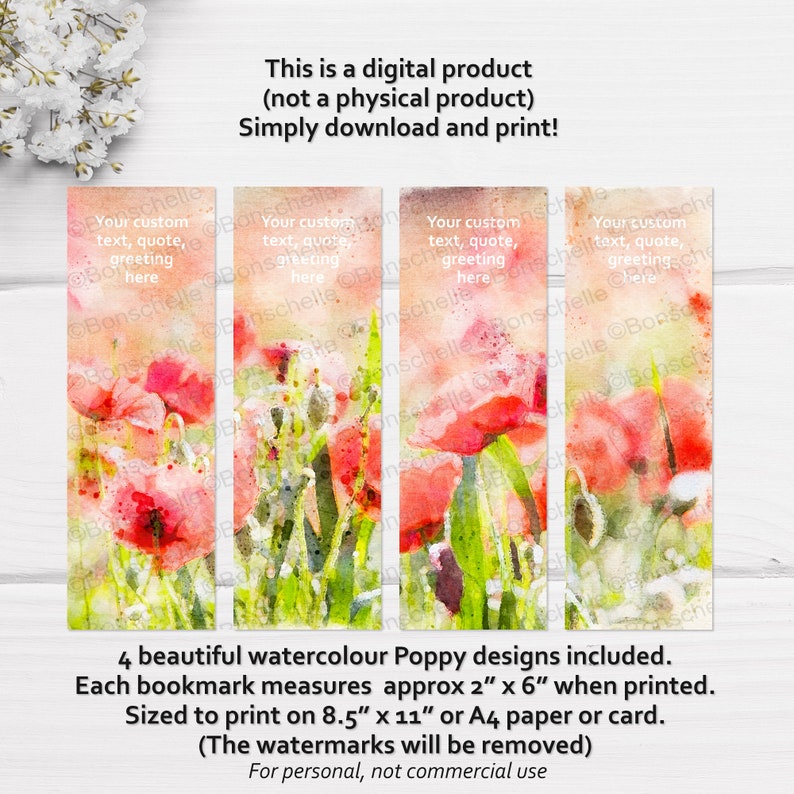 Personalised Printable Bookmarks Watercolour Poppies | Etsy