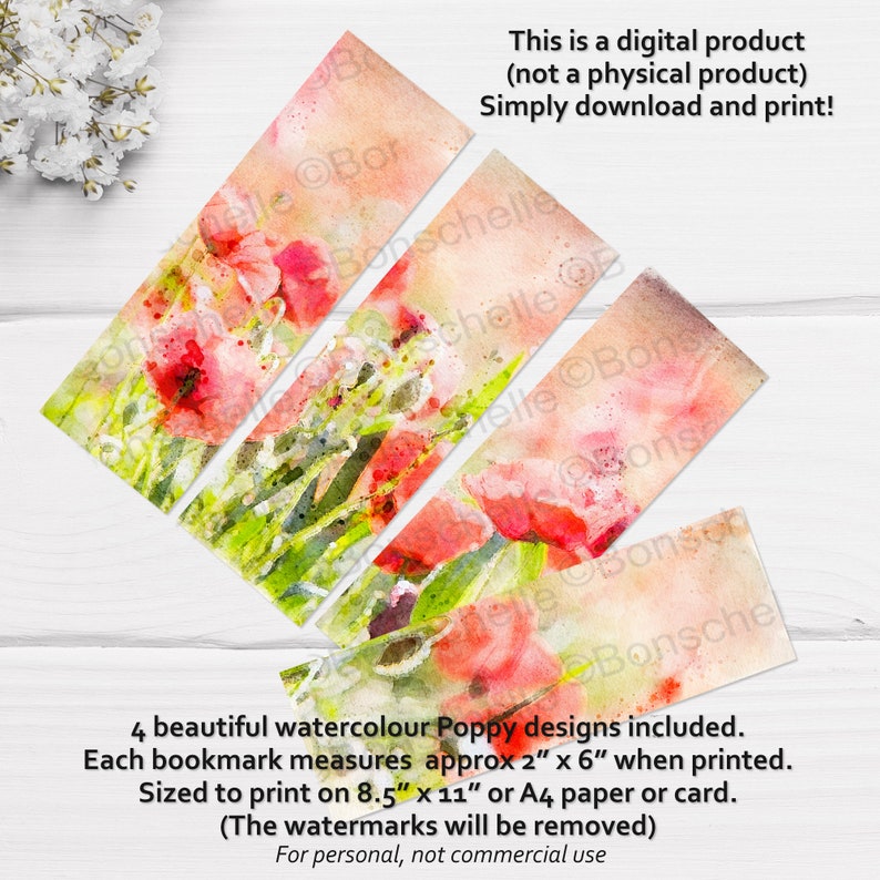 Printable Bookmarks, Digital Download Watercolour Poppies Bookmarks ...