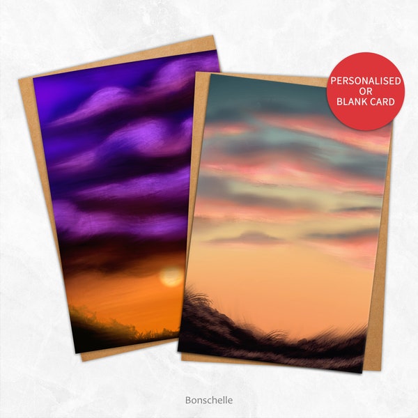 Colourful Sunset Clouds Cards, Personalised or Blank, Original Art Cards, Single or Pack of 10