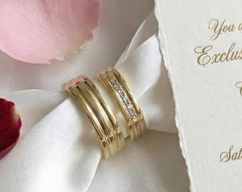 Gold Wedding Band Set - His and Hers Matching Rings - Engraved Promise Ring - Sterling Silver Engagement & 24K Vermeil