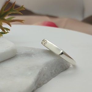 Modernist Silver Bar Ring with Single Cubic Zirconia - Geometric Statement Ring - Minimalist Silver Square Ring