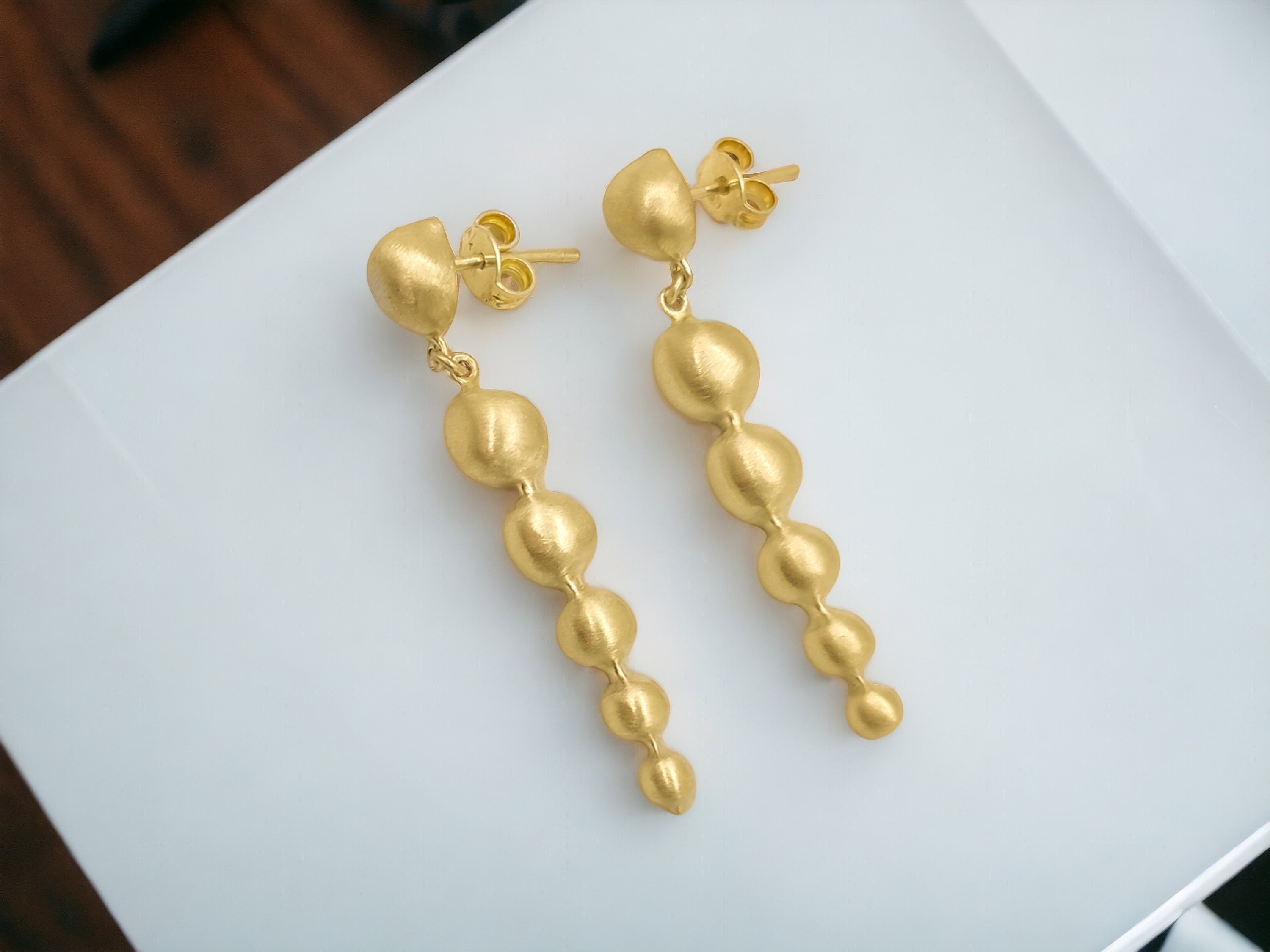 Gold Sphere Drop Earrings Elegant Long Dangle Statement Jewelry Minimalist  Gold Earrings for Her Perfect Gift Satin Finish Earrings 