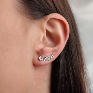 Climber Sterling Silver Earrings - Floral Pattern - Elegant Flower Ear Crawlers - Unique Jewelry Gift - Silver Ear Cuffs