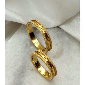 Wedding Ring Set, 24K Gold His and Hers Band Set, Textured Wedding Rings, Couples Engagement Ring, Matching Anniversary Ring Set
