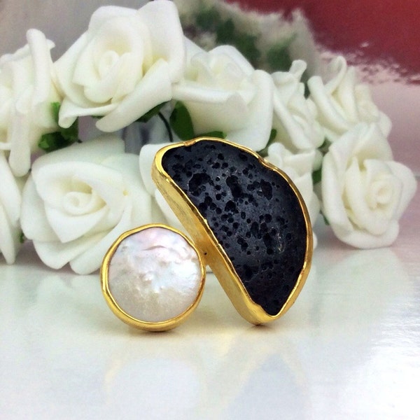 Lava Ring, Pearl Ring, Round Ring, Gemstone Ring, Gold Ring, Silver Ring, Split Ring, Multistone Ring, Black Ring, White Ring Statement Ring