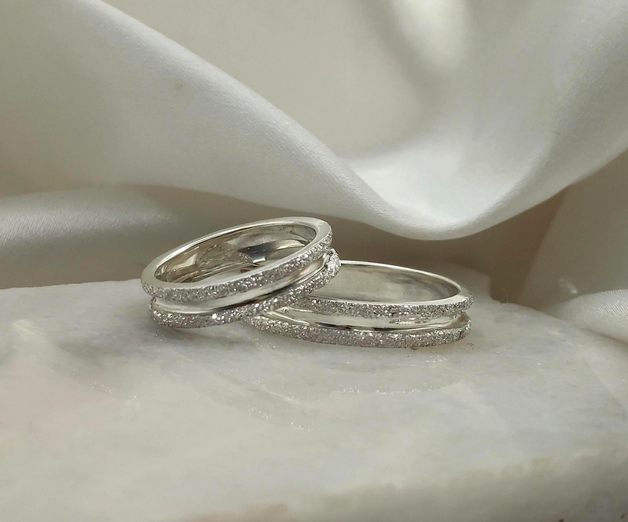 結婚指輪セット - テクスチャード結婚指輪セット - 彼と彼女の
