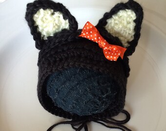 Crochet black cat ear bonnet, newborn cat ears bonnet, baby kitten ears hat, gender neutral cat ear hat, cat ears bonnet, black friday