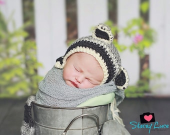 Crochet raccoon ear bonnet, baby raccoon hat, baby boy bonnet, baby girl woodland creature bonnet, newborn photo prop hat