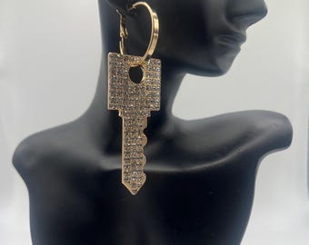 Key to my heart rhinestone earrings Edgy Modern Contemporary Abstract Irregular Unique Bold Large Big Long Textured Gifts For Her