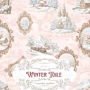 Op de afbeelding: Een naadloos patroon met een winterlandschap met kastelen, huizen en een trein tegen een roze achtergrond. Decoratieve frames omringen de winterse scènes. De tekst "Winter Toile" wordt weergegeven in een decoratief frame.