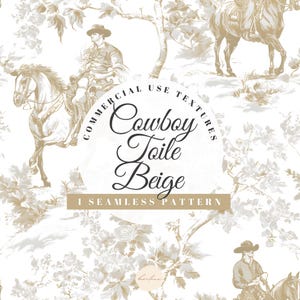 Może przedstawiać: Beżowo-biały wzór bezszwowy w stylu toile de Jouy z kowbojami na koniach i elementami kwiatowymi. Zawiera tekst "Cowboy Toile Beige".