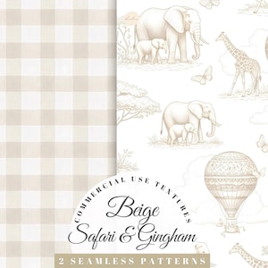 May include: Beige Safari & Gingham seamless patterns. One pattern features a beige and white gingham check. The other pattern has safari animals like elephants and giraffes in a beige color on a white background. The image includes the text "2 Seamless Patterns".