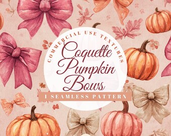 Coquette Pumpkin Bows: Seamless Fall Patterns, Pink Autumn Digital Paper, Autumnal Background, Clipart Fabrics POD Thanksgiving Halloween