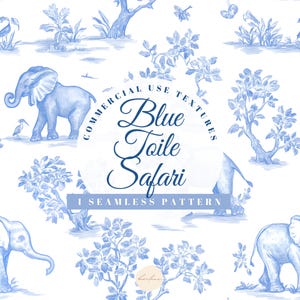 Blue Toile Safari De Jouy Papel Digital Chinoiserie Vintage Floral Francês Elefante Padrão Sem Costura Fundo de Berçário Clipart Tecido Animal