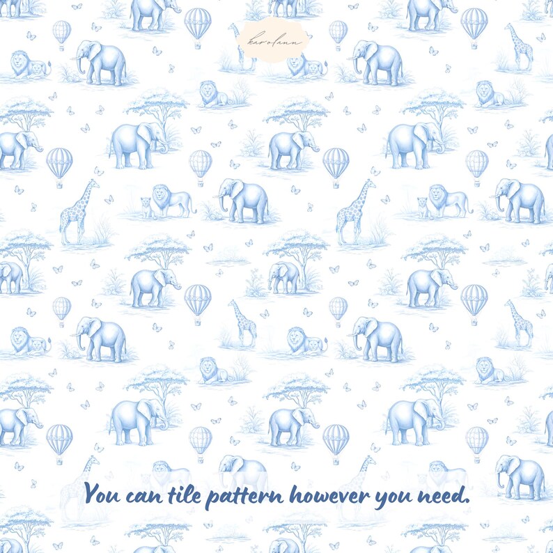 Blue Safari Toile: Seamless Nursery Pattern, Vintage Chinoiserie Toile ...
