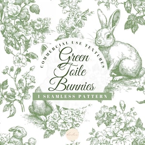 Peut inclure: Un motif sans couture représentant des lapins en toile verte et des motifs floraux. Le motif est parfait pour les projets d'artisanat et de décoration intérieure. Textures à usage commercial.