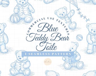 Blue Teddy Bear Toile: Boy Seamless Checkered Pattern, Line Art Digital Download, Paper for Nursery Baby Shower Fabrics Wallpaper Gifts png