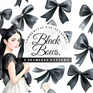 Könnte beinhalten: Ein nahtloses Muster mit schwarzen Aquarell-Schleifen auf weißem Hintergrund. Der Text "Commercial Use Textures Black Bows. 1 Seamless Pattern" ist in einem weißen Kreis geschrieben.