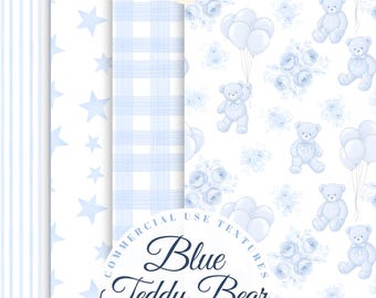 Blue Teddy Bear Bundle, Seamless Nursery Pattern, Chinoiserie Toile de Jouy, Digital Paper, Checkered Gingham Baby Boy Fabric Wallpaper png