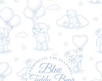 Blue Teddy Bear: Boy Soft Seamless Toile Pattern Balloon Stars Line Art Digital Paper for Nursery Baby Shower Fabric Wallpaper Wall Art png