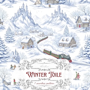Tela invernale: motivo natalizio blu senza cuciture, carta digitale vintage, stampe natalizie, sfondo, castello francese, tessuto di campagna, confezione regalo png