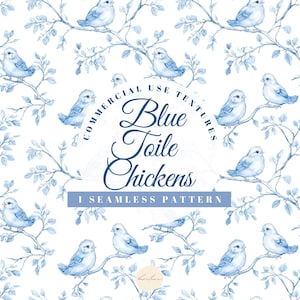 Può includere: Un motivo senza cuciture con galline blu in toile su rami bianchi. Il motivo è etichettato "Commercial Use Textures Blue Toile Chickens 1 Seamless Pattern".