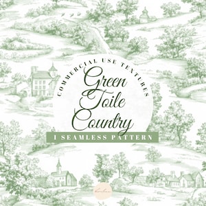 May include: A seamless pattern in shades of green featuring a pastoral toile design. The pattern includes illustrations of trees, buildings, and rolling hills. The text "Green Toile Country" is displayed in a circular design, with the words "Commercial Use Textures" above and "1 Seamless Pattern" below.