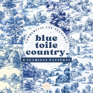 Blue Toile Country French Landscape De Jouy Digital Paper Chinoiserie Vintage Floral Patterns Backgrounds Scrapbooking Coquette Junk Journal