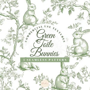 Coelhinhos de Toile Verde De Jouy Papel Digital Chinoiserie Sage Floral Padrão Repetitivo Tecido Coelho da Páscoa Francês Berçário Clipart POD
