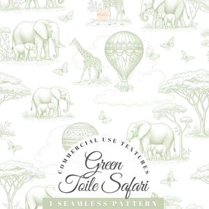Peut inclure: Un motif sans couture sur le thème du safari, avec des éléphants, des girafes, des papillons et une montgolfière dans une teinte vert clair. Le texte "Green Toile Safari" est affiché dans un design circulaire.