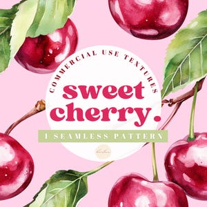 Sweet Cherry Seamless Pattern Coquette Valentines Digital Paper Classic Pink Watercolor Cherries Fruit Background Scrapbooking Junk Journal