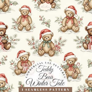 May include: Seamless pattern featuring watercolor teddy bears wearing Santa hats and scarves, surrounded by winter foliage. The bears are holding gifts and candy canes. The text "Teddy Bear Winter Tale" is also visible.