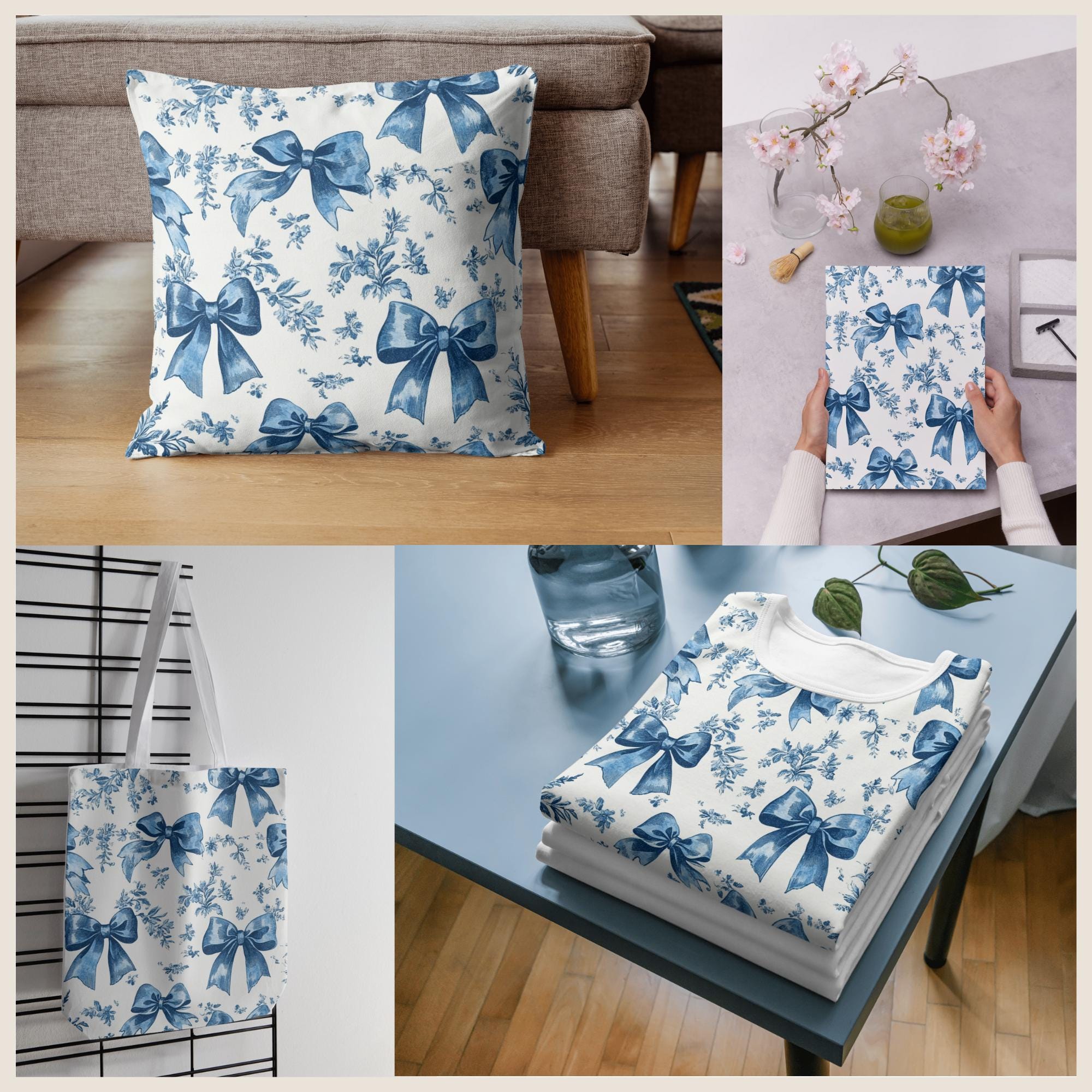 Blue Toile Bows De Jouy Digital Paper Chinoiserie Vintage Floral ...