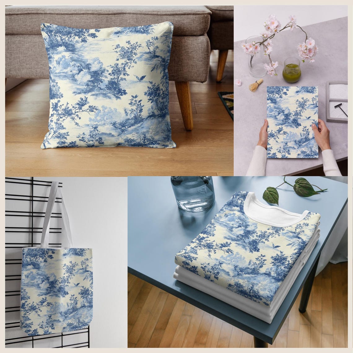 Blue Toile De Jouy Digital Paper Chinoiserie Vintage Floral Seamless ...