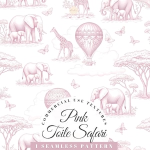 Puede incluir: Patrón sin costuras de safari toile rosa con elefantes, jirafas, globos aerostáticos, mariposas y árboles sobre un fondo blanco. El diseño incluye el texto "Pink Toile Safari". El patrón es de color rosa suave.