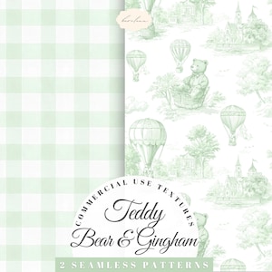 Teddy Bear Gingham Green Seamless Nursery Pattern Chinoiserie Toile De Jouy Checkered Balloon Digital Paper Fabric Wallpaper Baby Shower png