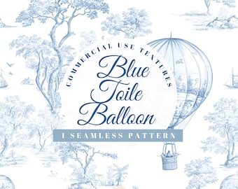Blue Toile Balloon: Seamless Safari Nursery Background, Chinoiserie Toile de Jouy, Digital Download Pattern, Clipart for Paper, Fabrics, POD