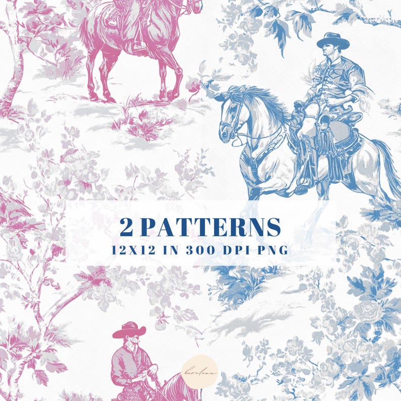 Cowboy Toile Chinoiserie Western Rodeo Seamless Pattern Blue Pink ...