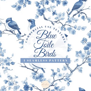 Delicate Blue Toile Birds de Jouy Chinoiserie Seamless Pattern Digital Paper Floral Vines Wall Art Clipart Wedding Wallpaper Nursery POD png