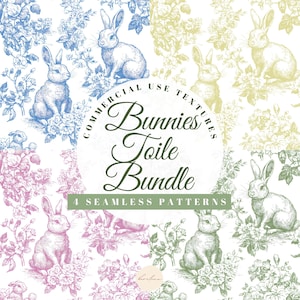 Bunnies Toile De Jouy Bundle Digital Paper Chinoiserie Floral Repeating Pattern Fabric Easter Bunny Rabbit Sage Yellow Nursery Clipart POD